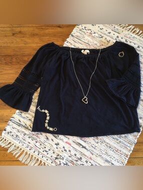 Loft Bell Sleeve Navy Top On or Off Shoulder Small
